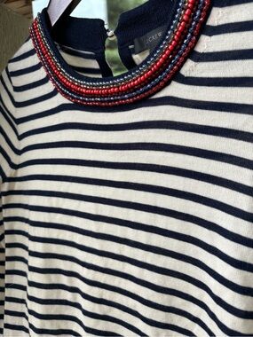 J. Crew Navy and White Striped Sweater Beaded Neckline Merino Wool XS